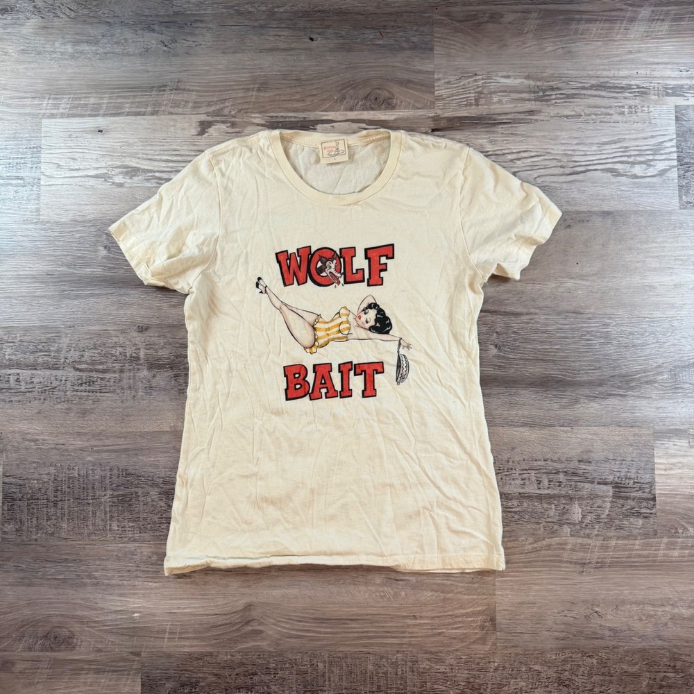 Mischief Made Wolf Bait Graphic T-Shirt Mens Large Cream Pinup Rockabilly Cotton